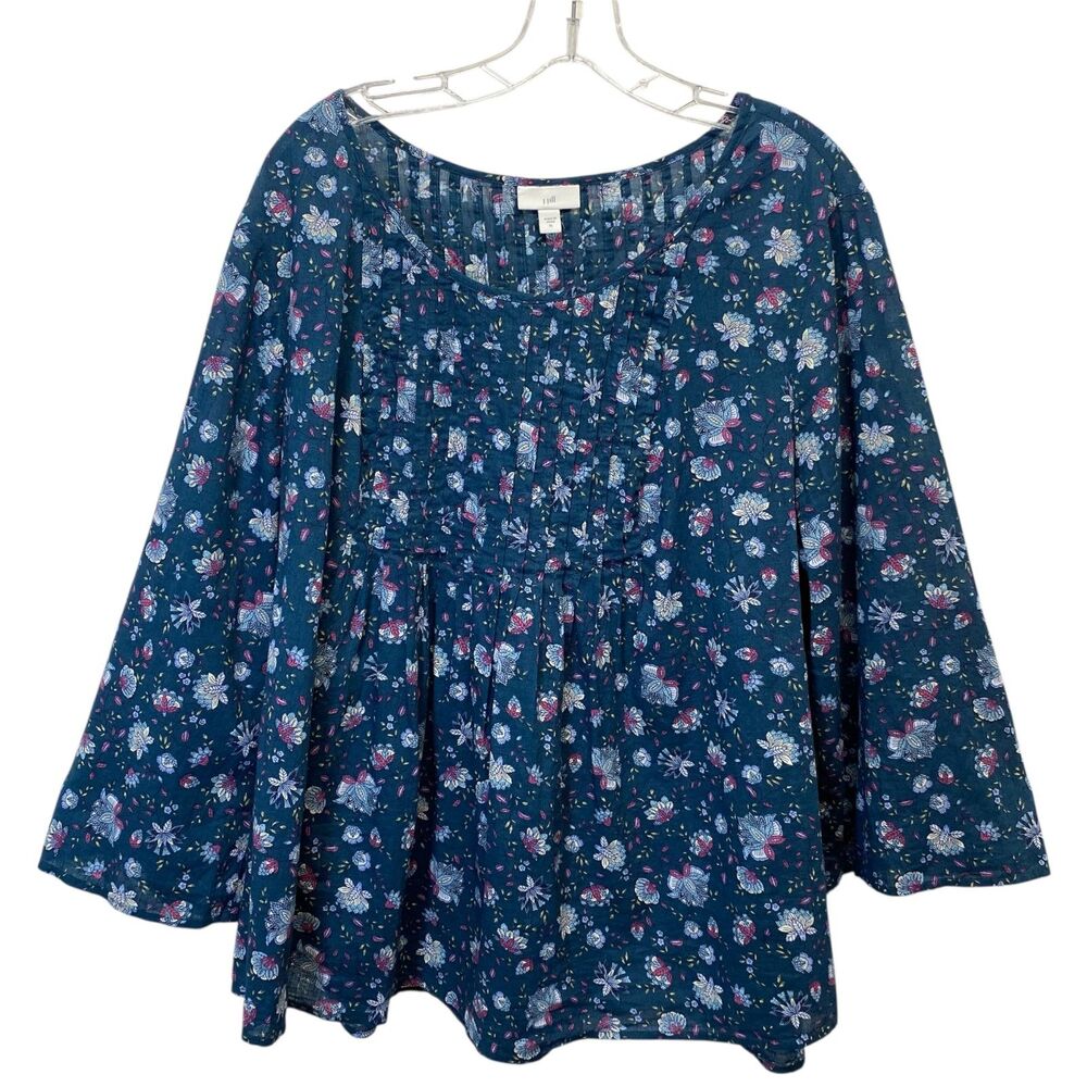 J. Jill Blouse Women's Size XL Floral Blue Round Neck Casual Minimalist